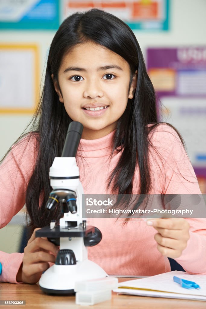 young girl using microscope in science lesson